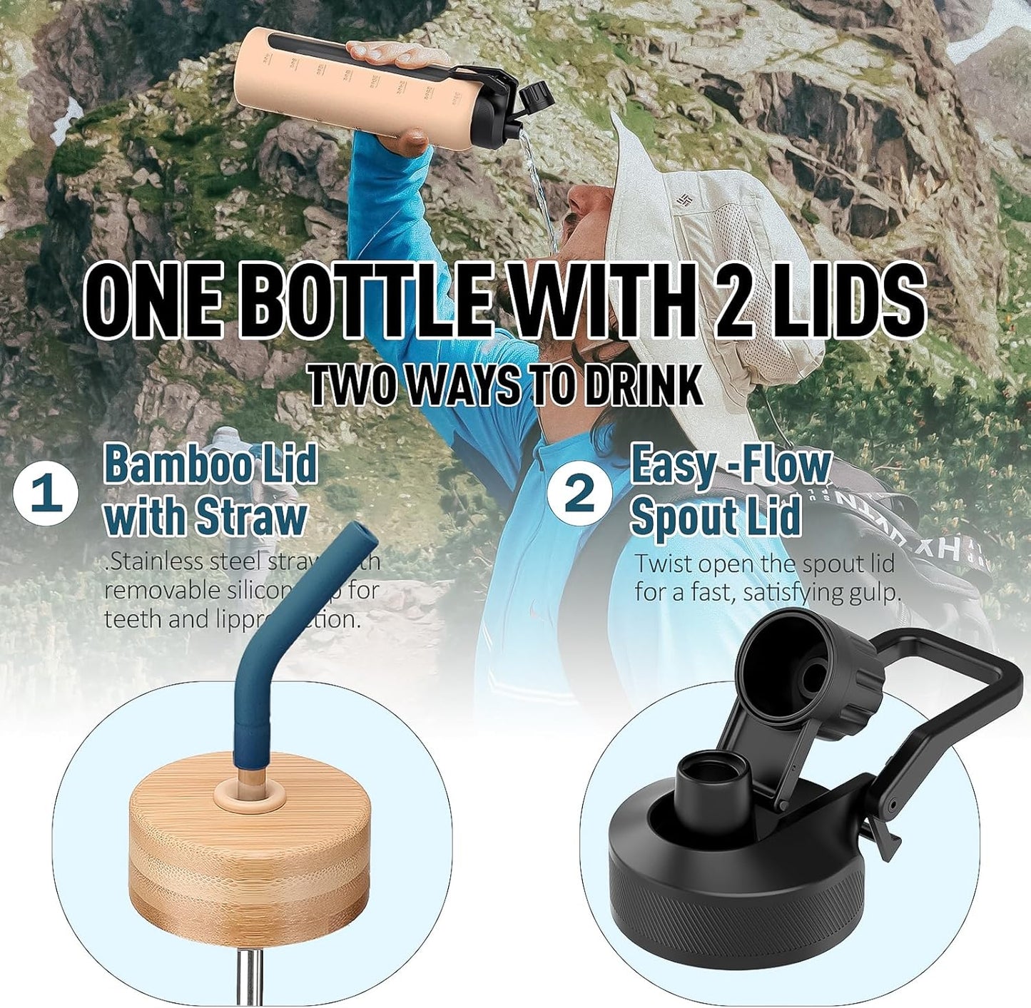 Glass Water Bottle with Straw, 24oz Glass Drinking Bottle with 2 Lids-Bamboo and Spout Lid with Phone Holder Handle for Gym Sports,with Silicone Sleeve and Time Marker,Dark Blue