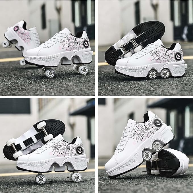 Roller Skate Shoes for Women Four Rounds Children's Roller Skates Shoes That Turn into Rollerskates Sneakers Outdoor Light Shoes with Wheels for Girls/Boys