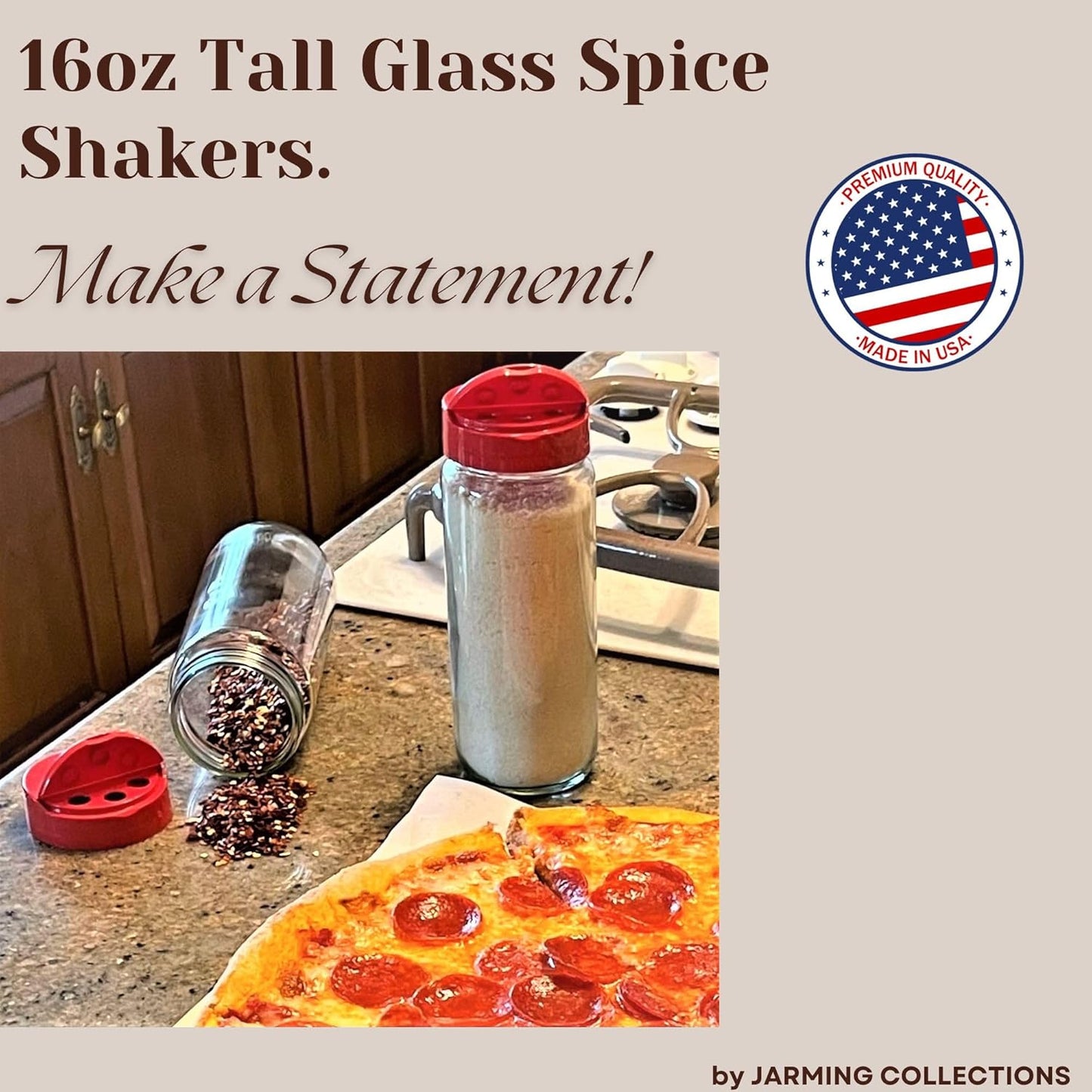 JARMING COLLECTIONS Premium Glass Spice Shakers - 16 oz Versatile Seasoning and Spice Dispenser with Sifting Lids for Popcorn, Cheese, Cinnamon, and Salt, Made in USA