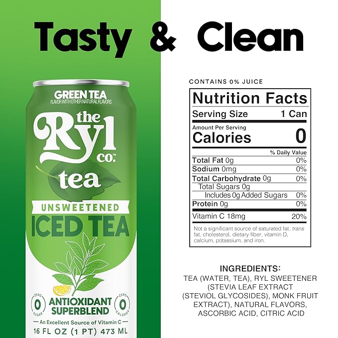 Ryl Unsweetened Green Iced Tea – Antioxidant Superblend, No Artificial Ingredients, Zero Sugar, Zero Calorie, Low Carb, Non-GMO, Kosher, Gluten Free, Made in the USA, 12-Pack, 16 Fl Oz