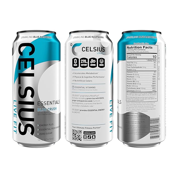 CELSIUS ESSENTIALS™ Sparkling Blue Crush, Sugar Free Performance Energy Drink, 16 Fl Oz (Pack of 12)