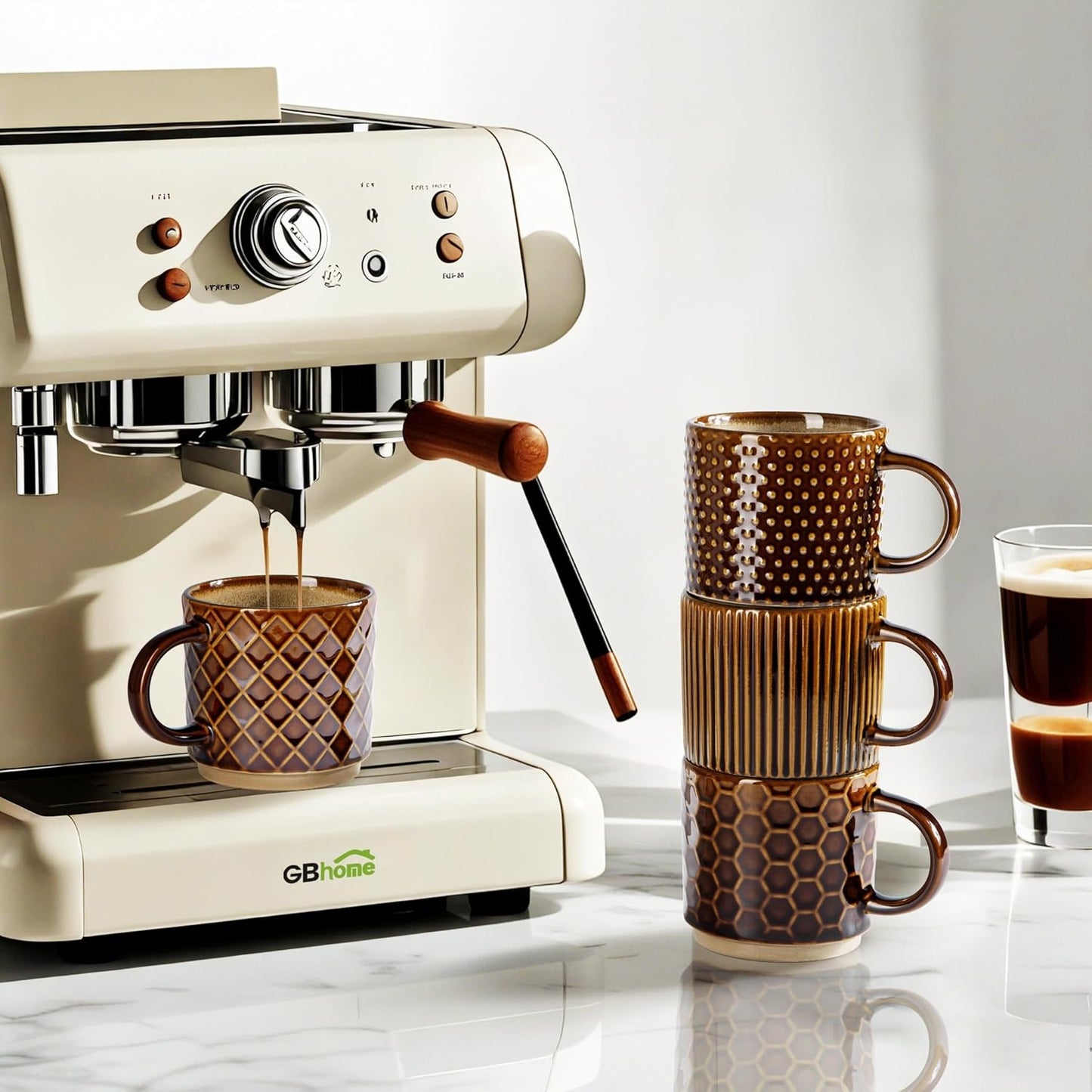 GBHOME 15OZ Stackable Coffee Mugs, Ceramic Coffee Cups with Texture Patterns for Man,Woman,Dad,Mom, Modern Coffee Mugs Set of 4 for Latte/Cappuccino/Cocoa. Dishwasher&Microwave Safe, Caramel