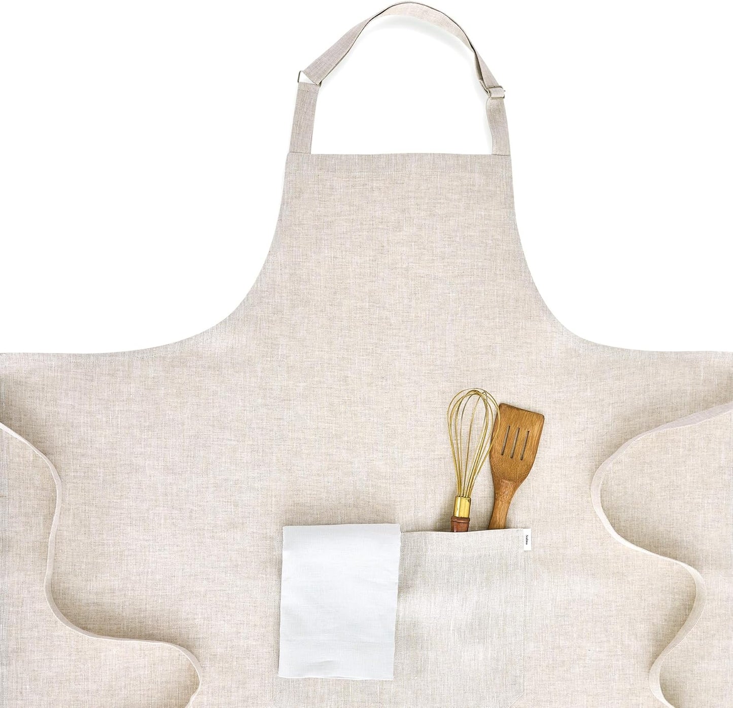 Solino Home 100% Pure Linen Apron for Women & Men - Light Natural Stripe Full Midi Bib Apron, Adjustable Neck Strap with Center Pockets for Kitchen, Chef - Handcrafted from European Flax