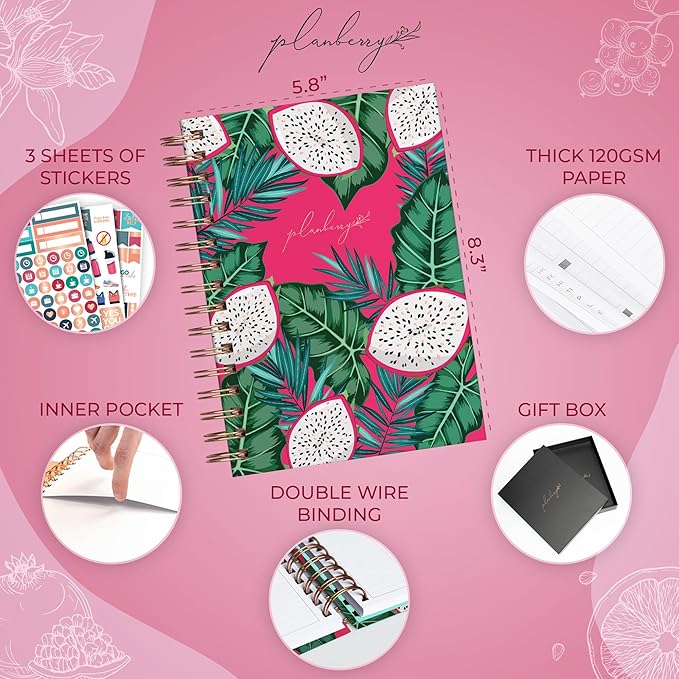 PLANBERRY Food Journal Premium – Nutrition Planner – Diet & Calorie Tracker – Meal & Exercise Diary – Weight Loss Journal (Dragon Fruit)