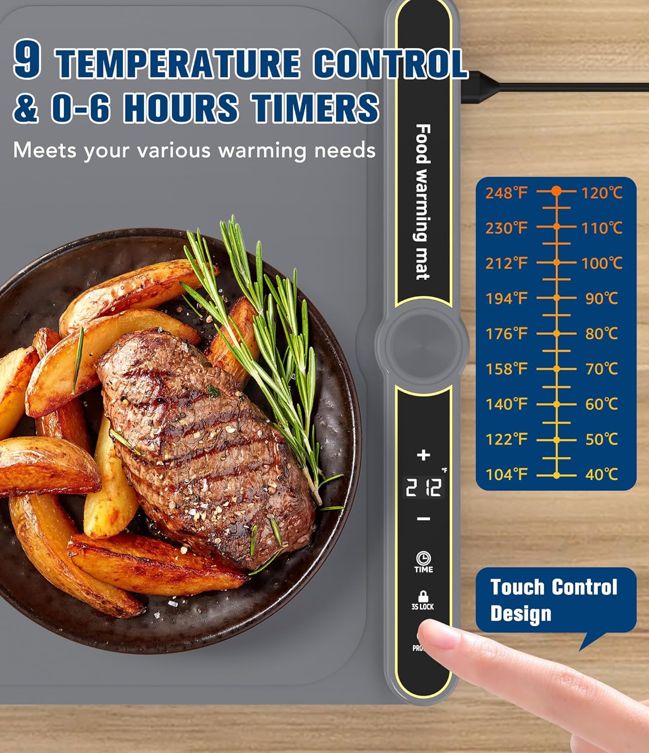 Food Warming Mat, Rapid Heating Electric Warming Tray with 9 Temp Setting and 6 Hours Timer, Foldable Warming Mat for Food, Portable Food Warmers for Parties Buffet, Gray