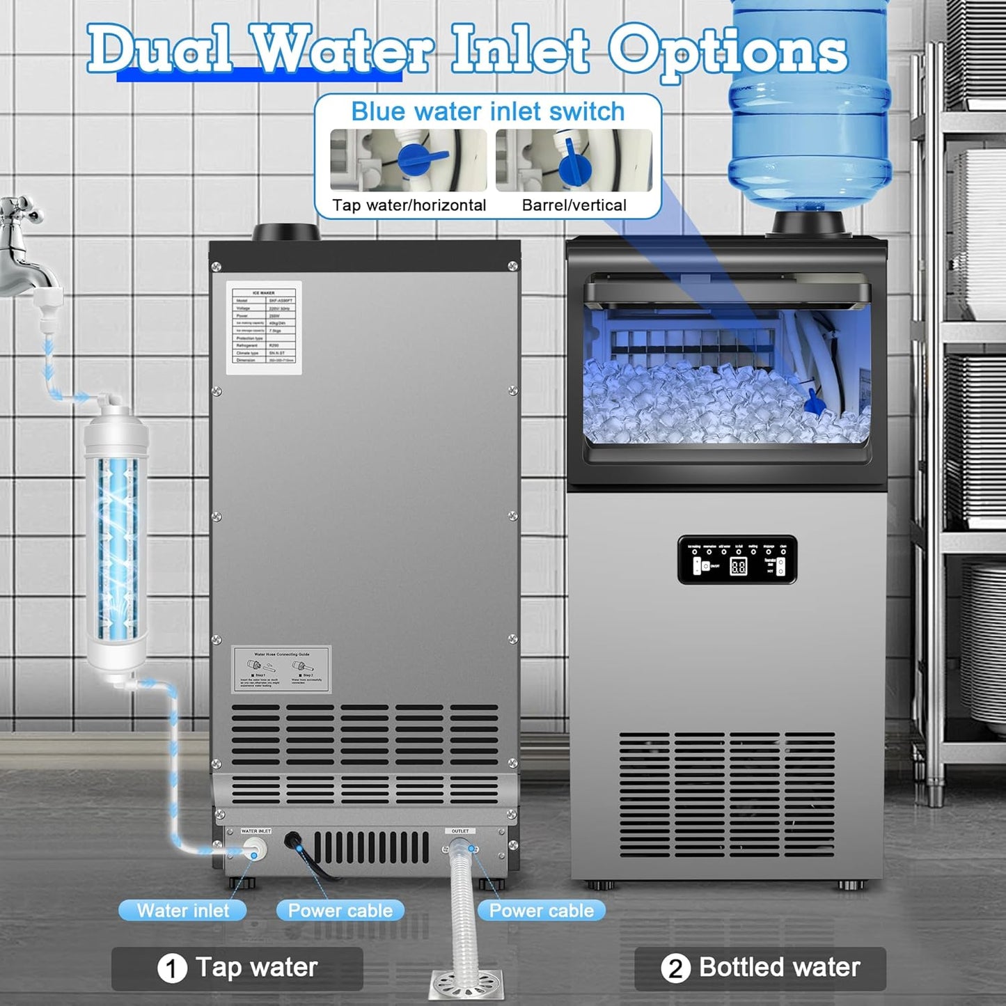 Commercial Ice Maker Machine 120lbs/24H with 22lbs Storage, Stainless Steel Freestanding Ice Machine 45Ice/Cycle 2 Water Inlet Modes, Self-Cleaning Function for Homes Bars Restaurants