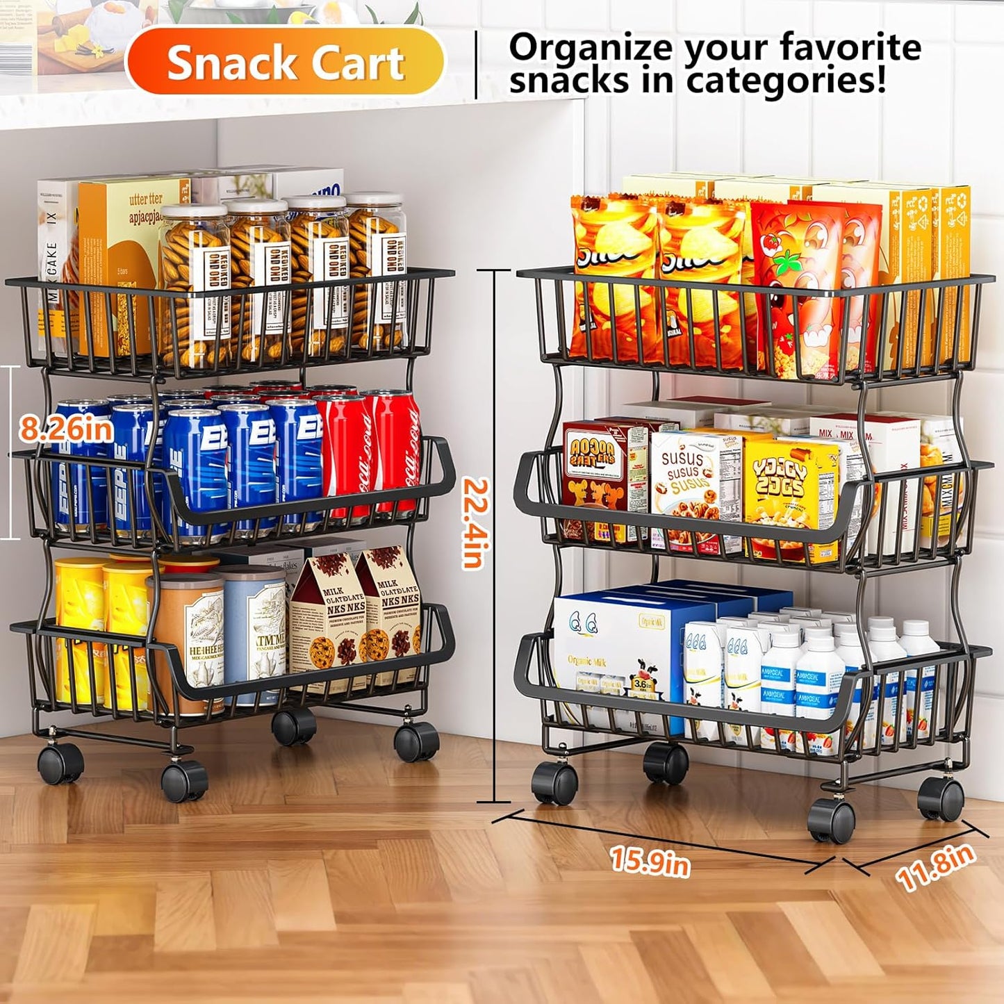 3-Tier Rolling Pantry Organizers and Storage Cart with Wheels – Stackable Wire Snack Cart for Kitchen, Pantry Shelves and Storage Rack for Fruit, Vegetables, Onion, Potato, 1 Pcs