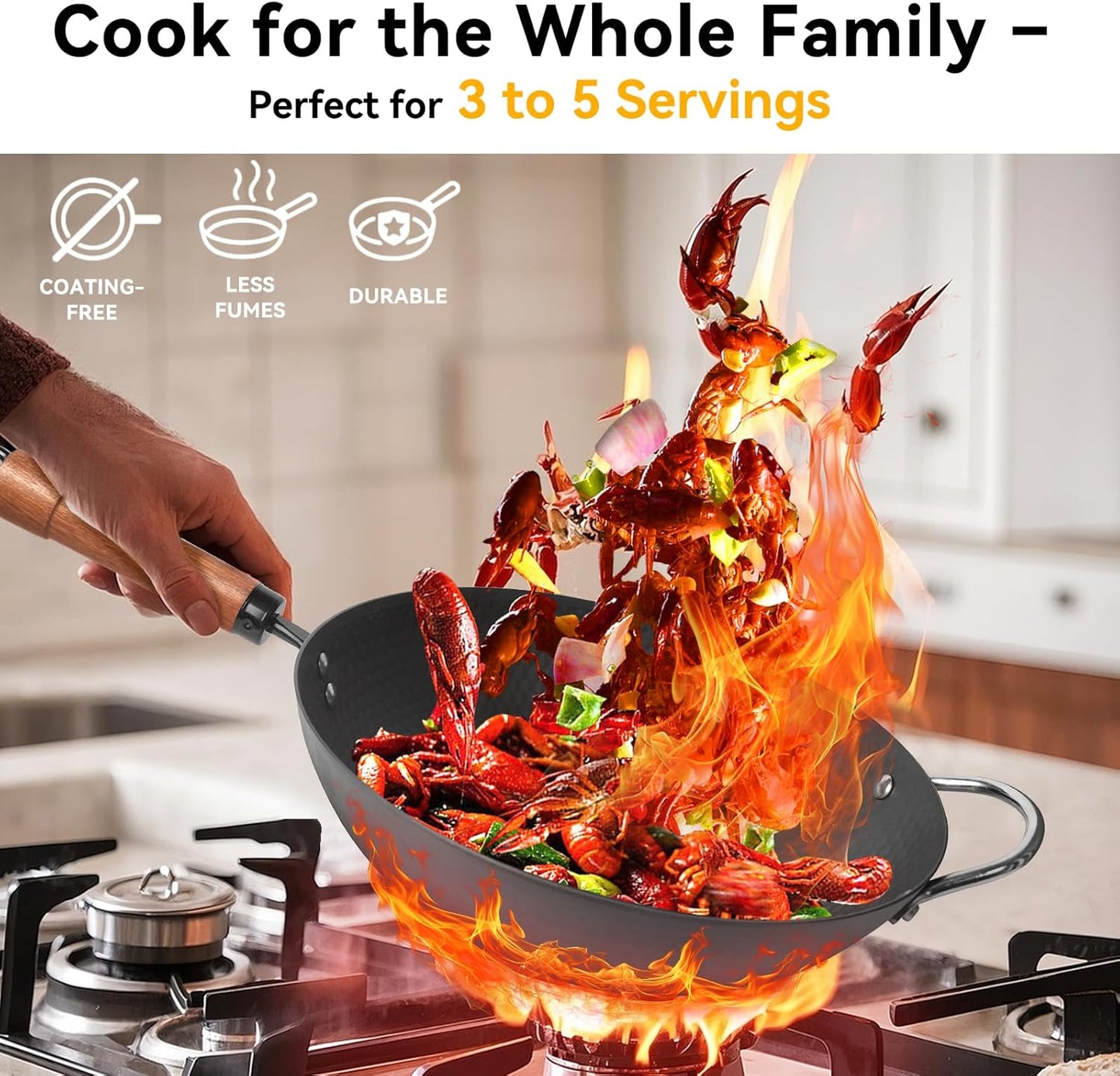 WANGYUANJI 12.6" Wok with Lid, Flat Bottom Nonstick Wok Pan for Induction Cooktop, Stir Fry Woks & Pans for Cooking