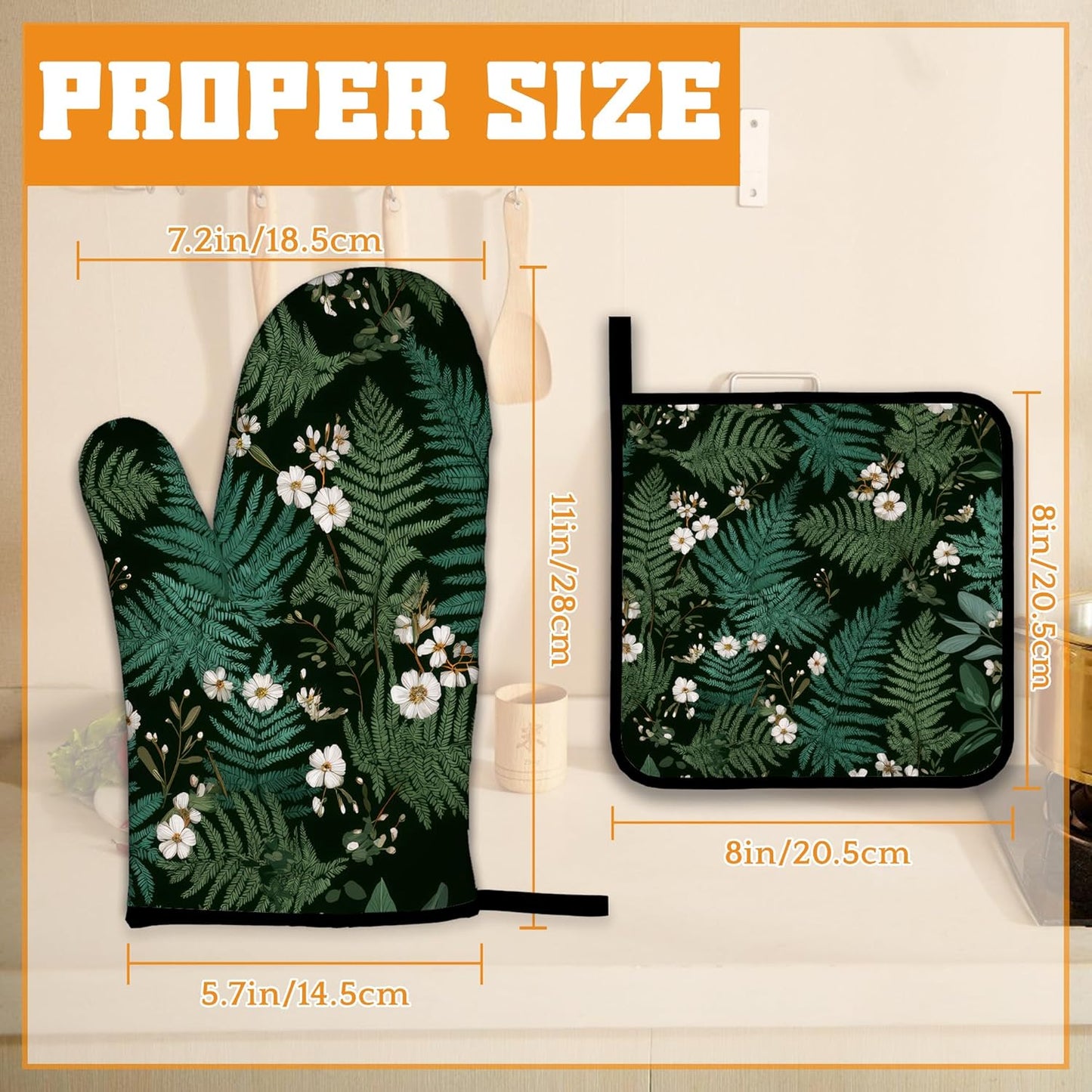 Herbal Fern Flowers Oven Mitts and Pot Holders Set,Kitchen Decor Heat Resistant Non Slip Hot Pads and Oven Mitt for Chef Cooking Baking BBQ Mom Girl Gifts(4 Piece Set)