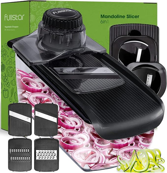 Fullstar Mandoline Slicer for Kitchen, Fruit Cutter, Cheese Grater, Cucumber Slicer, Veggie Spiralizer, Food Cutter & Kitchen Gadgets with Safety Glove (6 in 1, Black)