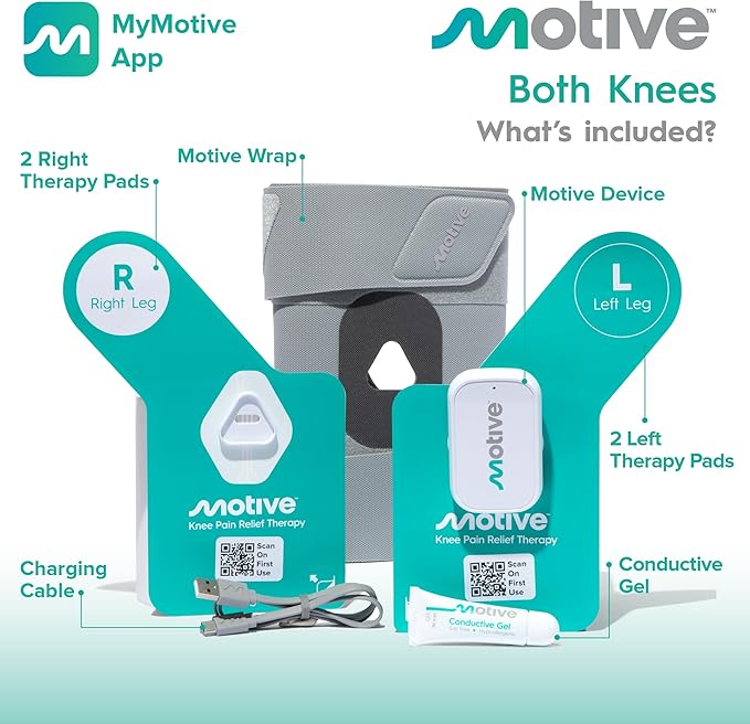 Motive Knee Pain Relief Therapy - Advanced Non-TENS Device to Treat Muscle Weakness, App Controlled, and a Portable Home Treatment for Pain Management Solution - Both Knees
