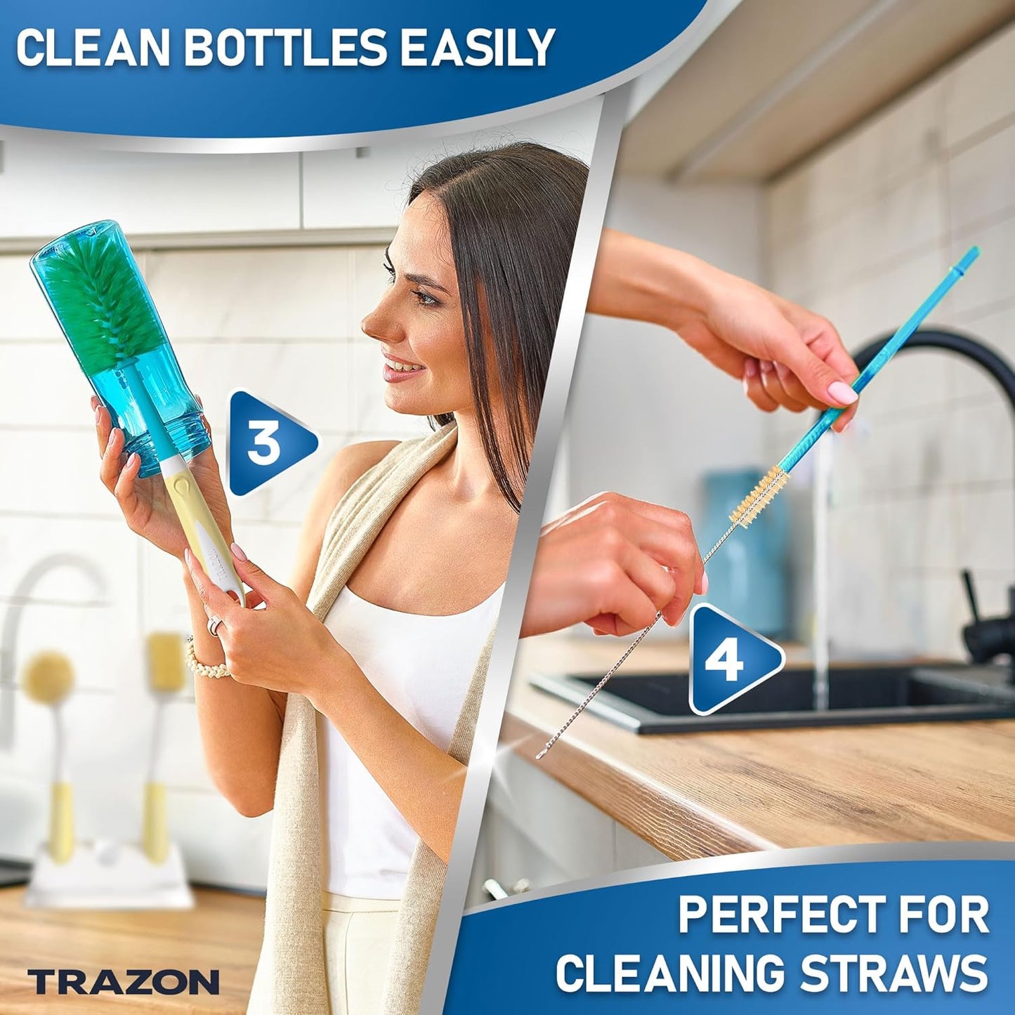 Dish Brush Set of 5 with Holder - Kitchen Scrub Brushes with Non-Slip Long Handle for Cleaning, Scrubber, Dishwashing, Dishes, Bottles, Straws, Cups, Pots & Sink, Baige