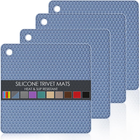 4 Pack Silicone Trivet Mat, Silicone Trivets for Hot Pots and Pans, Non-Slip & Heat Resistant Silicone Hot Pad for Kitchen Counter Mat Set, Soft Drying Mat, Jar Opener and Coasters, Square, Blue