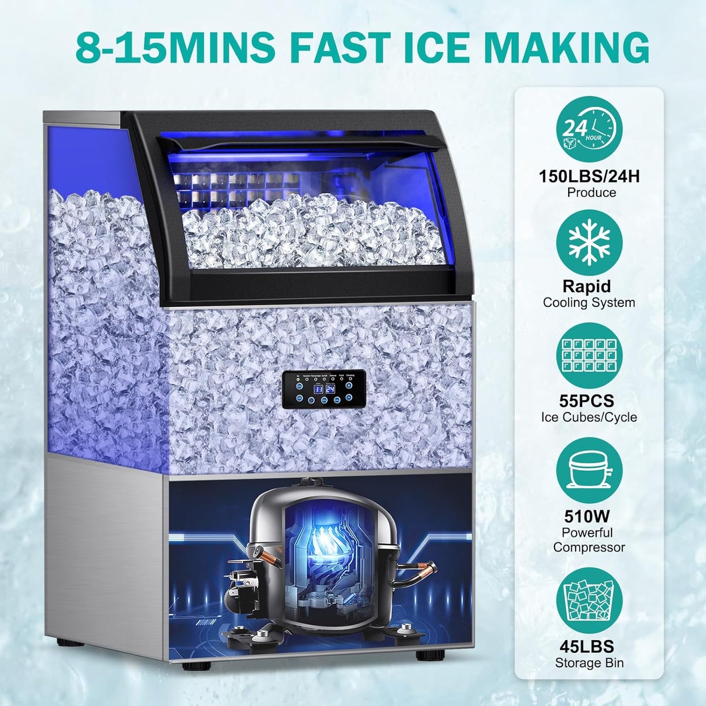 Commercial Ice Maker Machine, 150Lbs/24H with 45Lbs Large Ice Capacity, 55Pcs Clear Ice Cubes Ready in 8-15Mins, Freestanding Stainless Steel Ice Making Machine for Home Party Bar