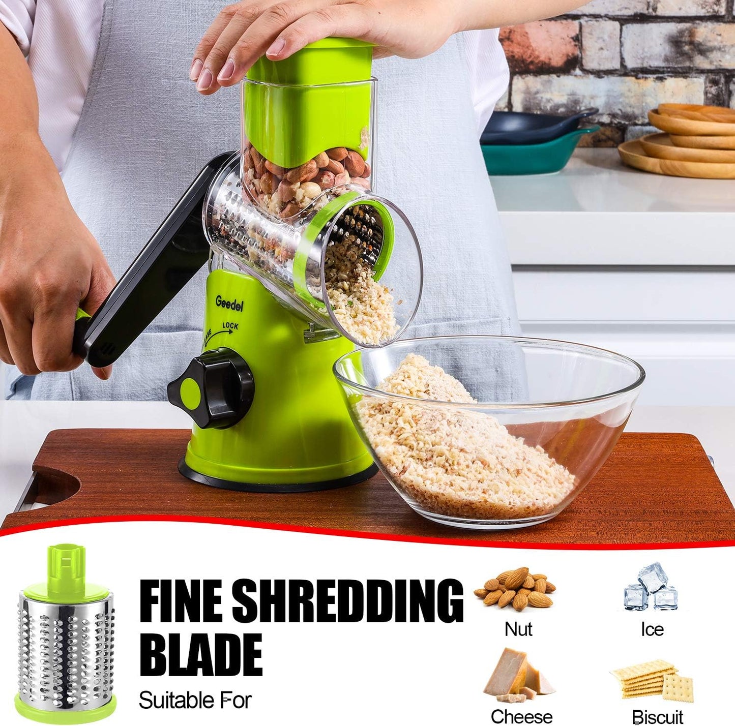 Geedel Rotary Cheese Grater, Kitchen Mandoline Vegetable Slicer with 3 Interchangeable Blades, Easy to Clean Rotary Grater Slicer for Fruit, Vegetables, Nuts