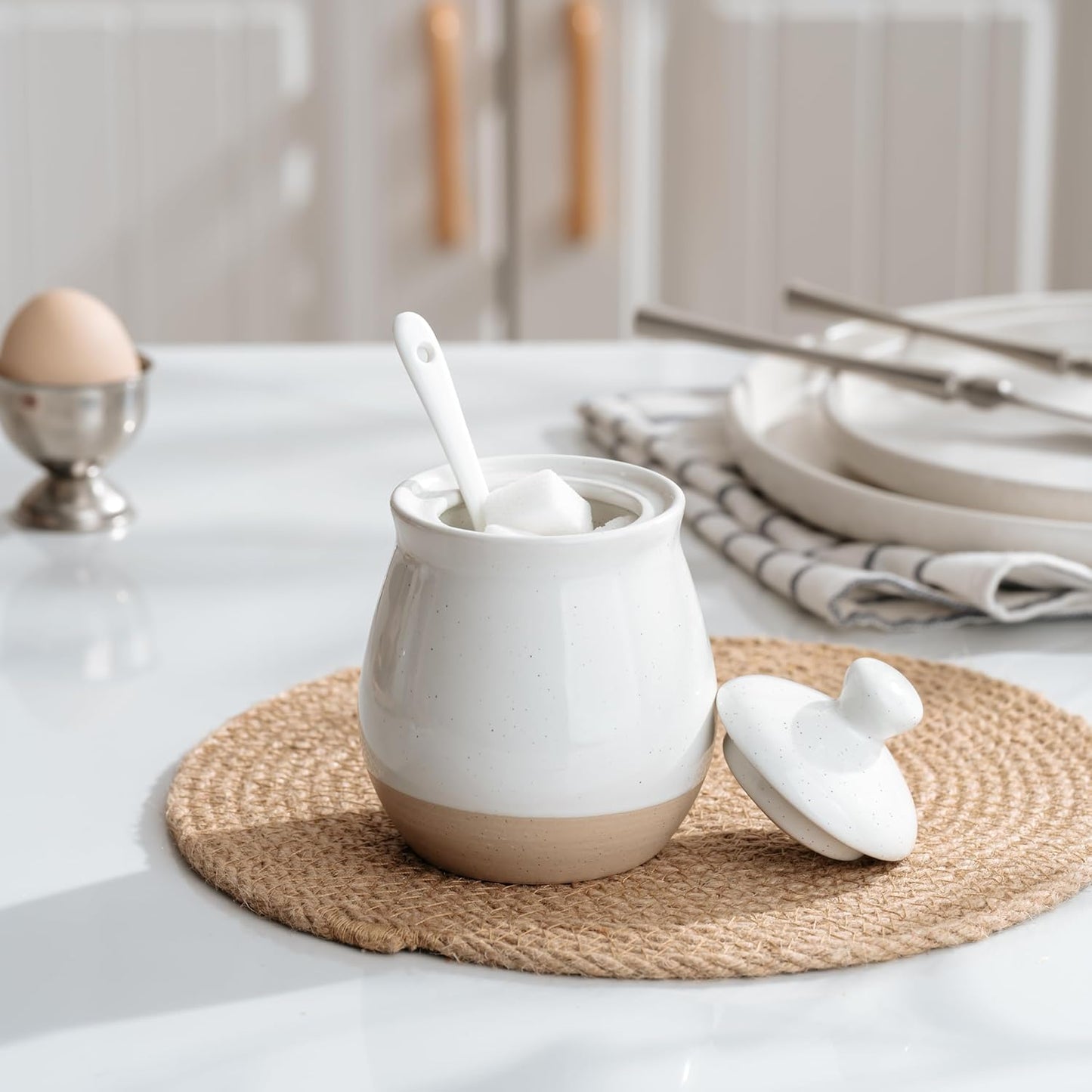 famiware Milkyway Sugar Bowl with Lid and Spoon, 10oz Ceramic Sugar Jar/Pot/Dispenser for Salt, Condiments, Spice, Seasonings, Sugar Container for Coffee Bar, Home, Kitchen, and Countertop, White