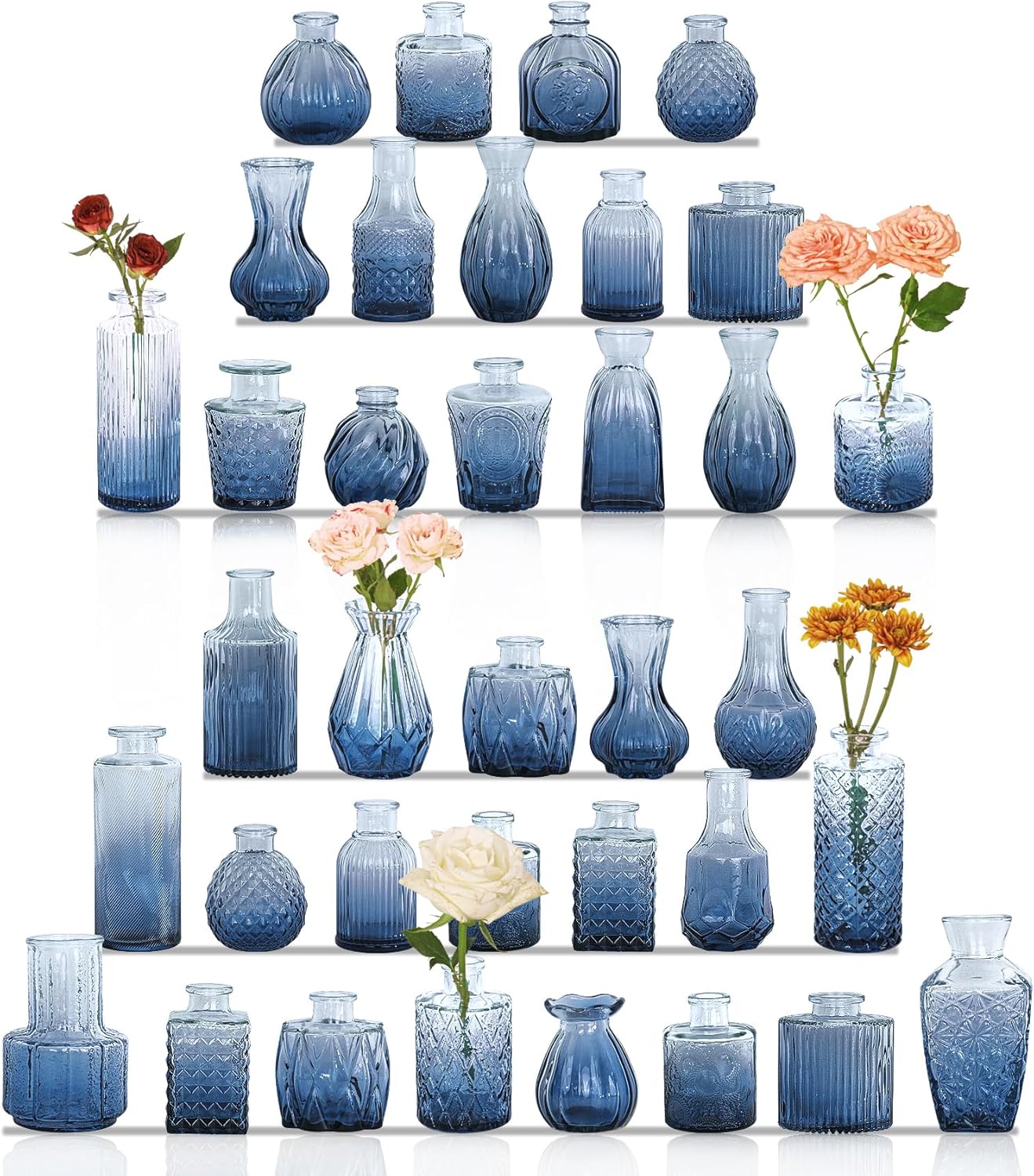 36Pcs Bud Vases Set Small Vintage Glass Bottles Bud Vases in Bulk Multiple Shape Cute Glass Vases for Rustic Wedding Centerpieces Table Decorations and Home Decor(Blue)