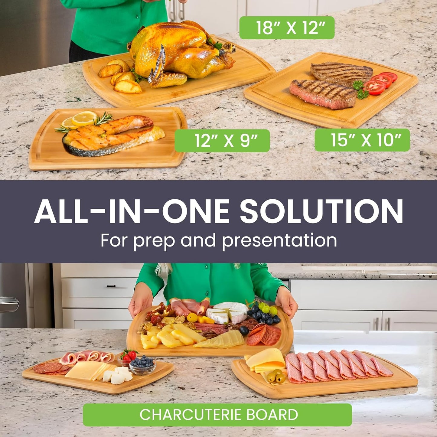 FSC® Certified Extra Large Bamboo Cutting Board Set of 3 – Featuring Glue-Free Surface™ Non Toxic Wood Cutting Boards for Safer Family Cooking and Lifetime Replacements for Peace of Mind