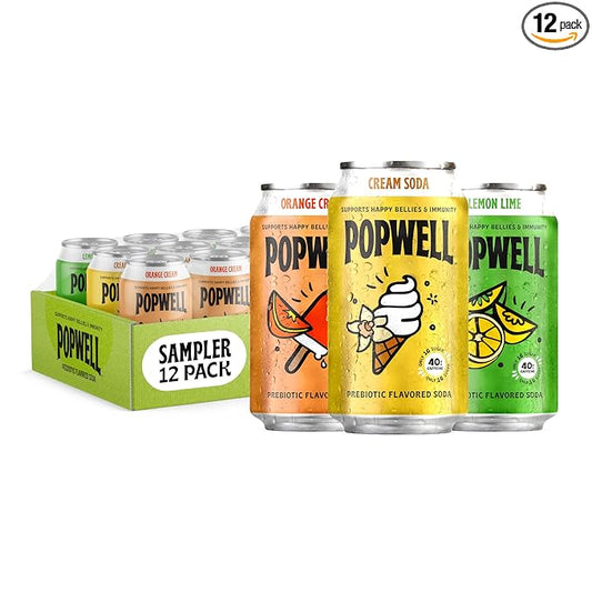 Popwell Caffeinated Variety Pack Better-For-You Prebiotic Soda, with 6g Fiber, 1g Sugar, Vitamins and Immunity Support, 12 fl oz, 12 count (Orange Cream, Lemon Lime, Cream Soda)