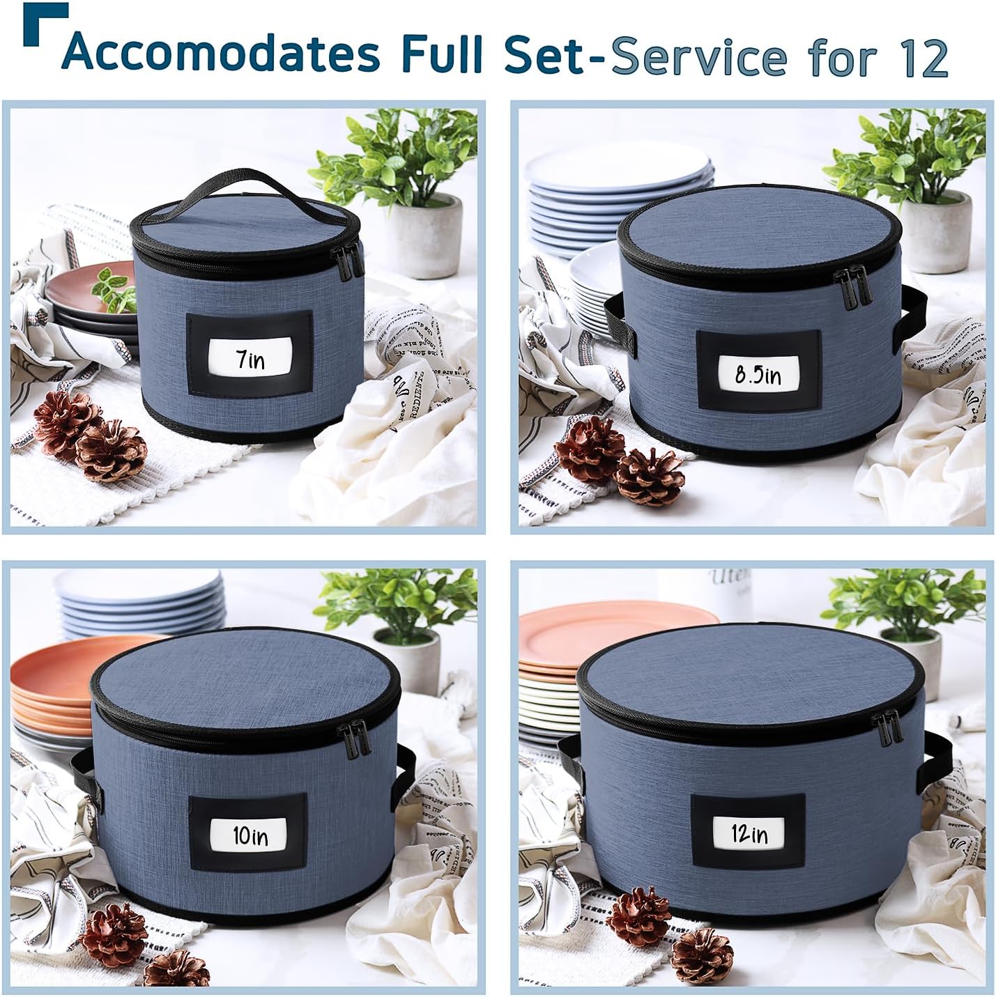 Fine China Storage Containers Hard Shell, 4 Piece Dish Storage Containers, Quilted Plate Containers, Stackable Dish Organizer with Dividers, Dinnerware Storage for Moving and Seasonal Storage, Blue