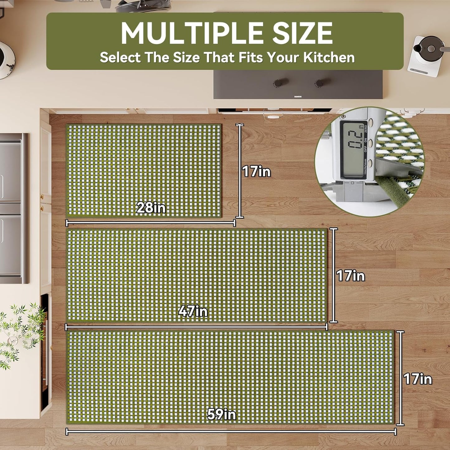 Kitchen Runner Rugs Non Slip Washable, Super Absorbent Soft Chenille Braided Kitchen Mats for Floor Rubber Backing Sink Mat Standing Hallway Floor Mat, Easy Clean, Green 17"x59"