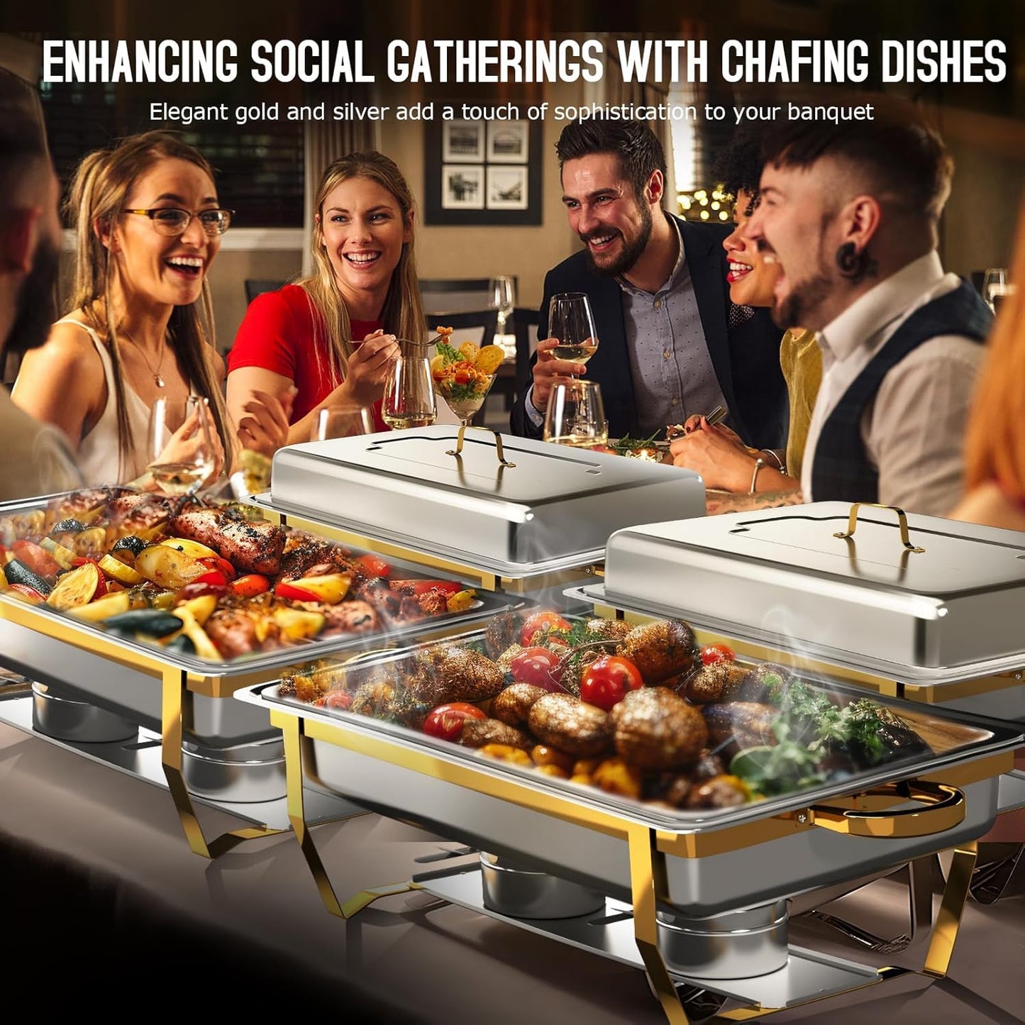 Chafing Dishes for Buffet 4 Pack, [Elegant Gold and Silver] Stainless Steel Chafing Dish Buffet Set, 9QT No-Finger Cut Roll Edge Chafers and Buffet Warmers Sets for Party (Gold Full Panx4)