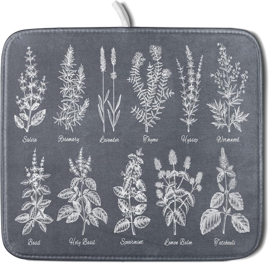 Flower Herbs Dish Drying Mat Wild Plant Dish Rack Mat with Hanging Loop Fast Dry Dish Drainer Pad for Kitchen Counter Sink 16x18 Inch