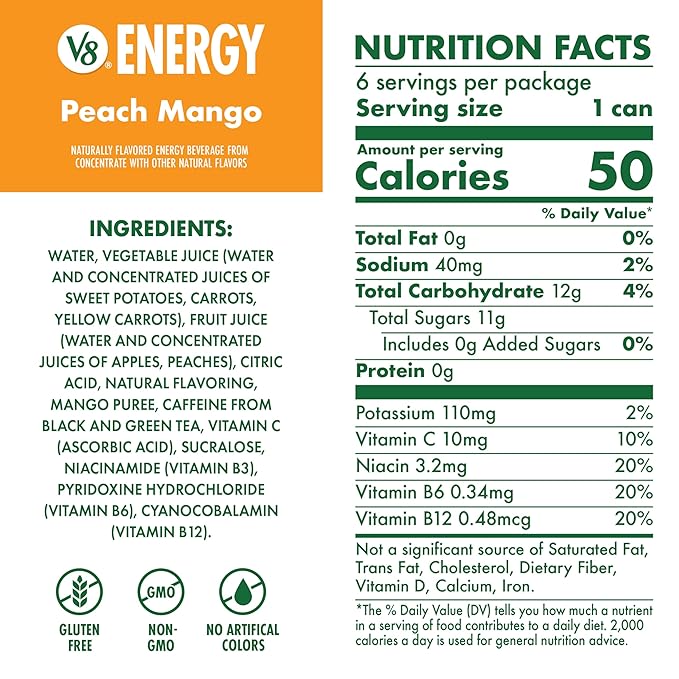 V8 Energy Peach Mango Energy Drink, 8 fl oz Can (6 Pack)