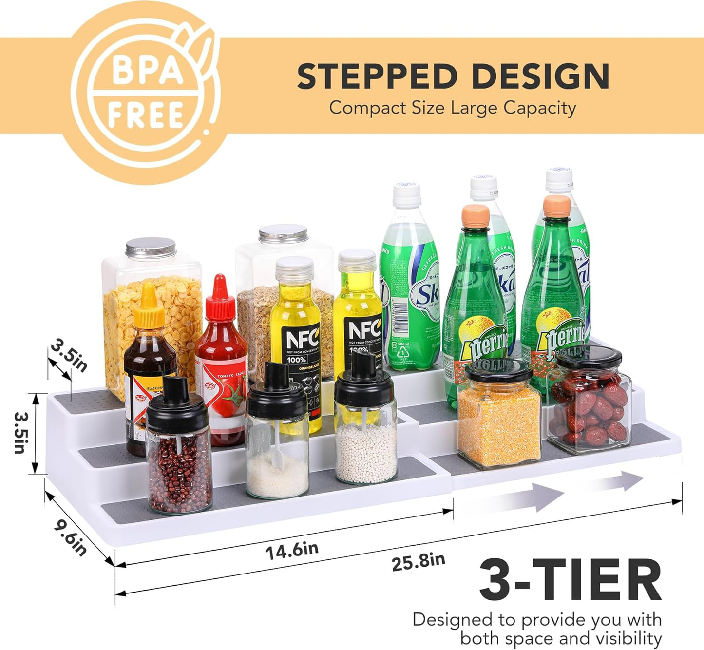 3 Tier Expandable Spice Rack Organizer, Plastic Spice Rack, Adjustable Length 14.6In-25.8In, Non-Skid Tiered Spice Shelf Organizer for Kitchen Cabinet, Cupboard, Pantry, White/Grey