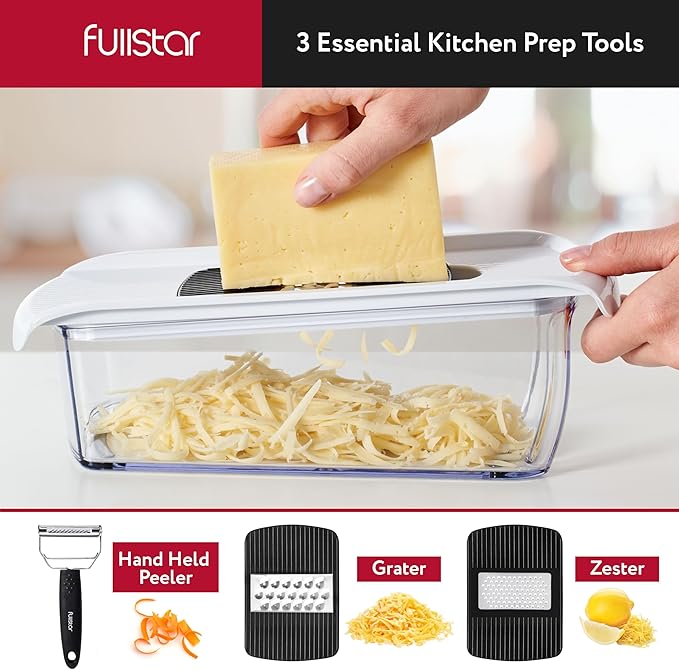 Fullstar Mandoline Slicer for Kitchen, Fruit Cutter, Cheese Grater, Cucumber Slicer, Veggie Spiralizer, Food Cutter & Kitchen Gadgets with Safety Glove (9 in 1, White)