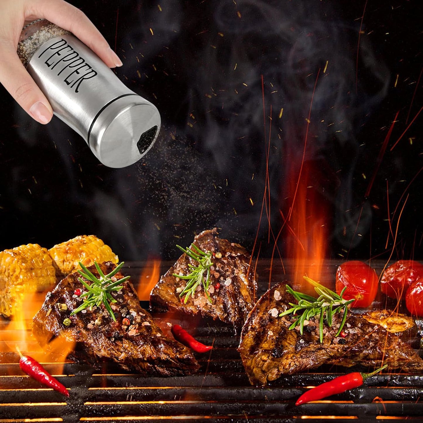 Accmor Salt and Pepper Shakers with Adjustable Pour Hole, Stainless Steel Salt Pepper Shaker Dispenser with Glass Bottom for Kitchen Cooking, RV, Camp, BBQ