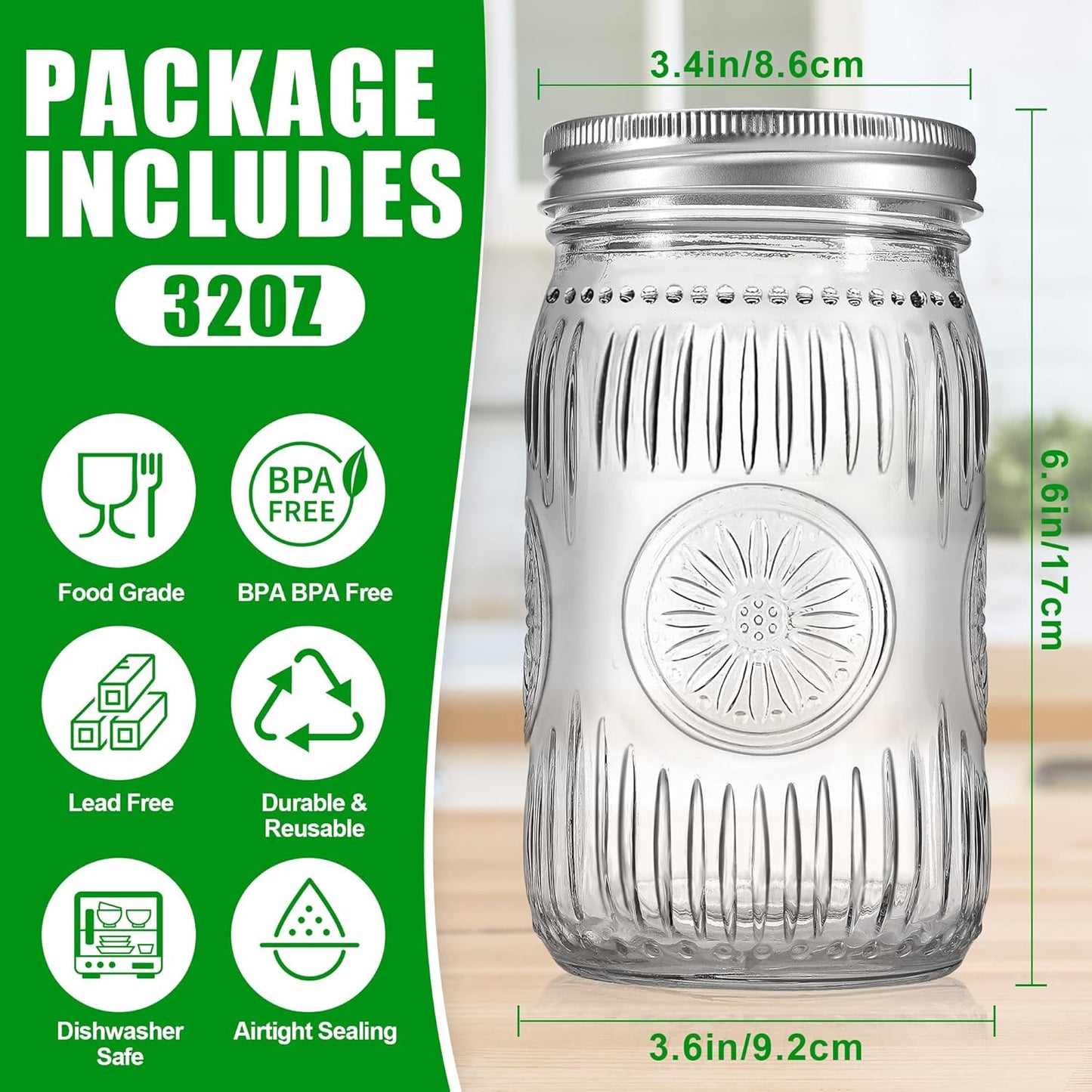 4 Pack 32 oz Wide Mouth Mason Jars with Airtight Lids - Glass Canning Jars for Food Preservation, Storage, Pickling, Crafts & DIY Projects, Durable Quart Glass Jars Dishwasher Safe