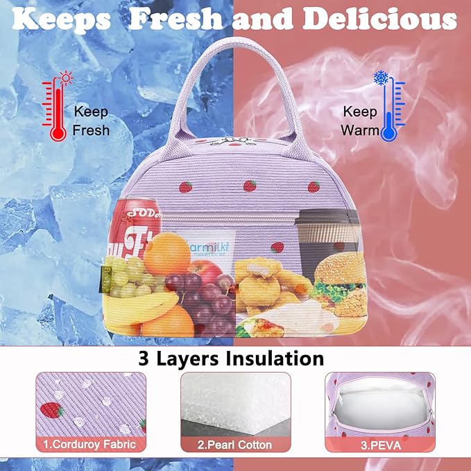 FlowFly Insulated Lunch Bag for Women – Corduroy Lunch Tote Box, Cute Cooler Bag for Work, Travel, Picnic,Corduroy Strawberries Purple