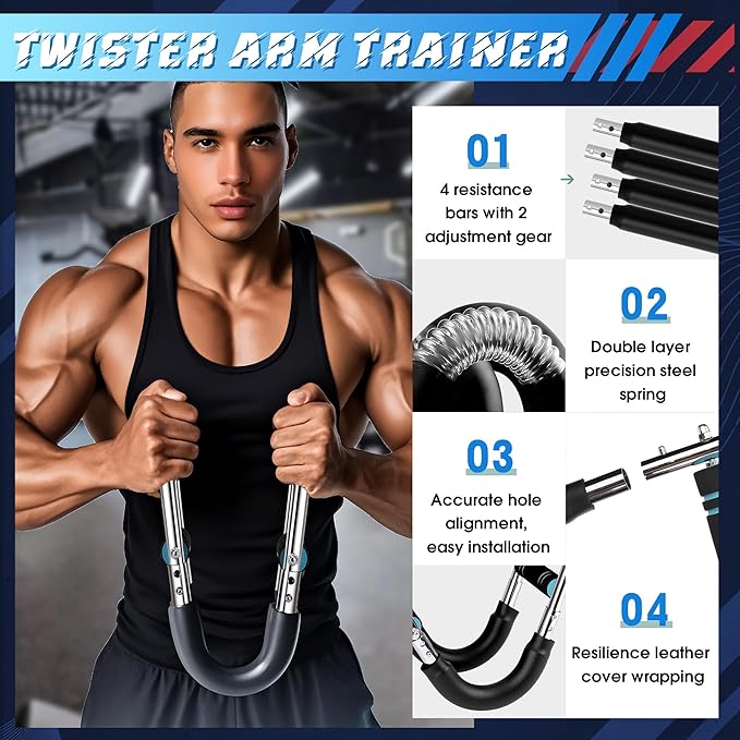 Twister Arm Trainer,40-100lb Adjustable Power Twister Bar with Fingerless Tactical Gloves, Strap Wrist Brace, Drawstring Backpack, Portable Detachable Body Fitness Equipment for Home & Gym