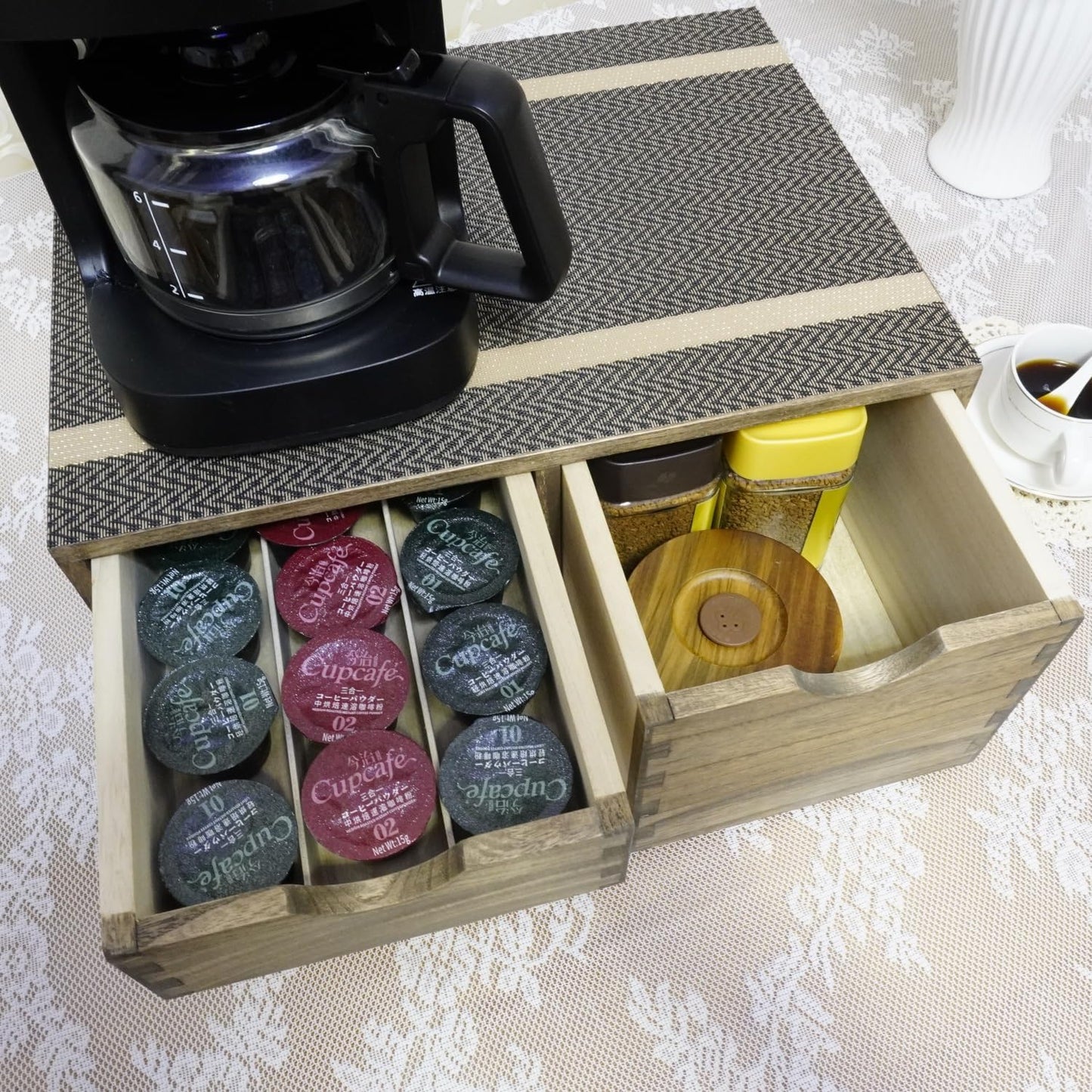 Coffee Pods Storage Drawer Holder for Capsules - Multi Functional Desk Organizer Drawers For K-Cup Coffee Maker Brew - Kitchen Mini Wooden Box Chest Sideboard Counter Organization CF2D3C Dark