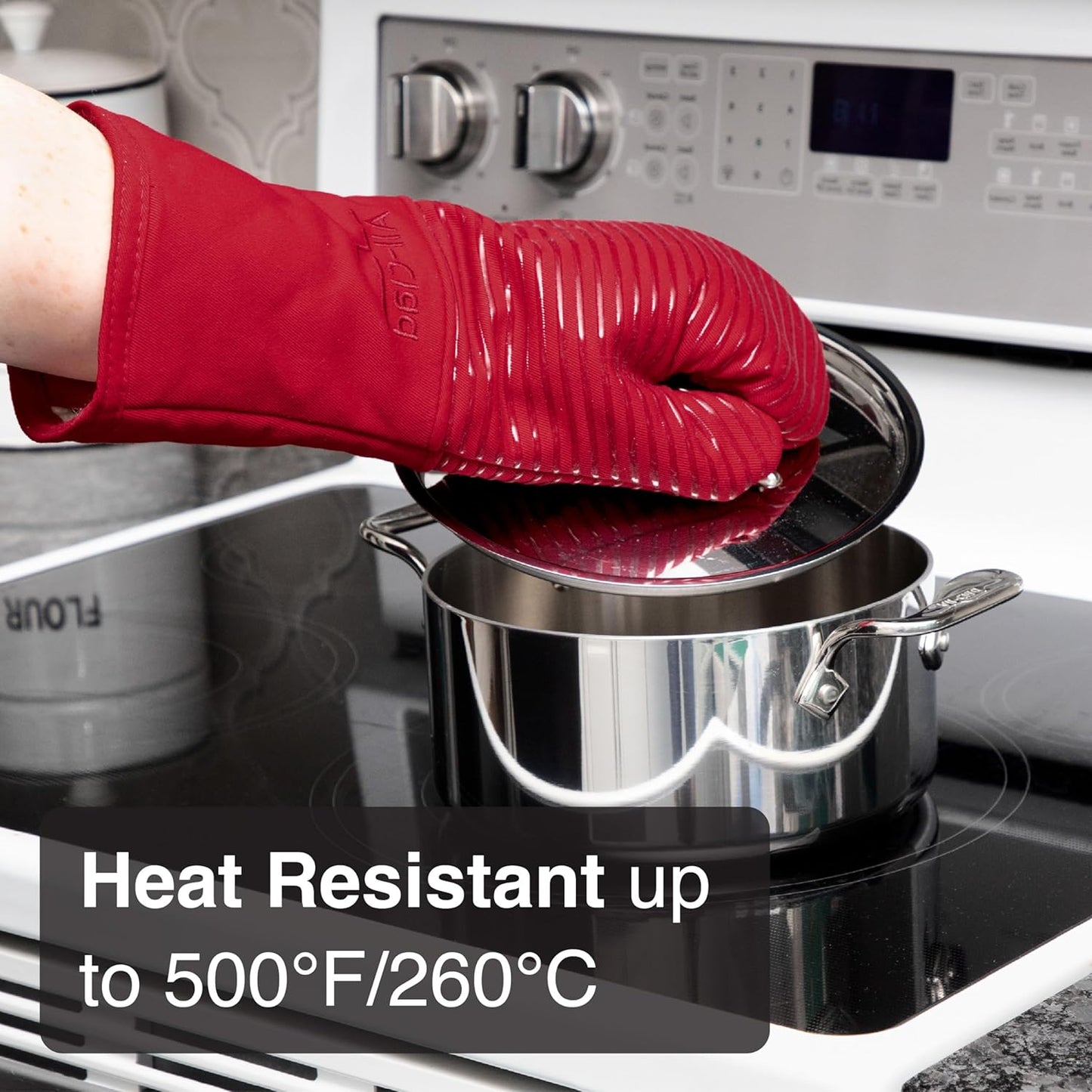 All Clad Silicone Oven Mitt: Heat Resistant up to 500 Degrees - 100% Cotton & Silicone, 14"x7" Oven Mitt for Kitchen and Barbeque, 1-Pack, Chili