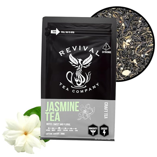 Revival Tea Company Jasmine Tea - Green Tea Blend with Jasmine Petals - 24 Tea Bags