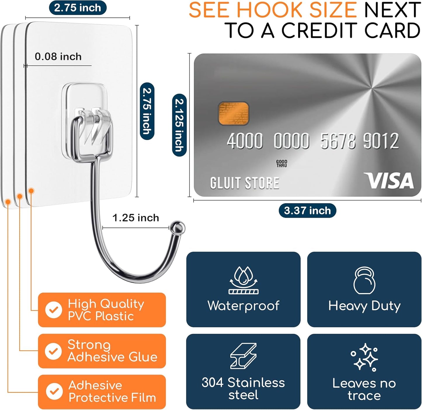 GLUIT Adhesive Large Wall Hooks for Hanging Heavy Duty 22 lbs Hooks for Walls No Damage 18 Pack