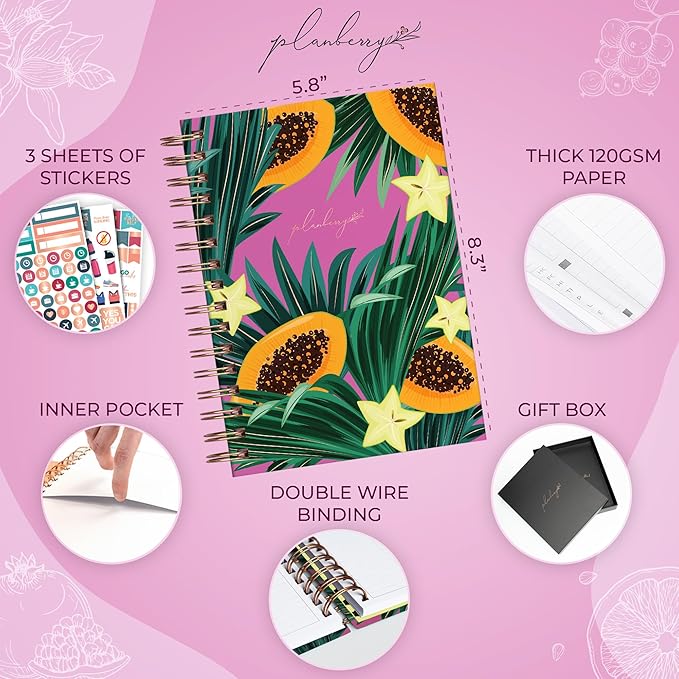 PLANBERRY Food Journal Premium – Nutrition Planner – Diet & Calorie Tracker – Meal & Exercise Diary – Weight Loss Journal (Papaya Garden)