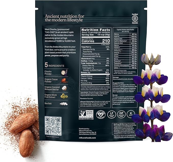 Mikuna Vegan Protein Powder (Cacao, 15 Servings) - Plant Based Chocho Superfood Protein - Dairy Free Protein Powder Packed with Vitamins, Minerals & Fiber - Gluten, Keto & Lectin-Free