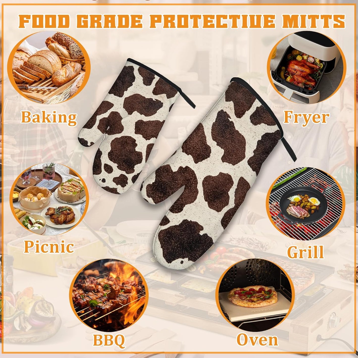 Brown Cowhide Oven Mitts and Pot Holders,Cow Skin Heat Resistant Oven Mitts Gloves and Pot Holder for Home Kitchen Decorations Cooking Baking BBQ Gifts,Set of 4