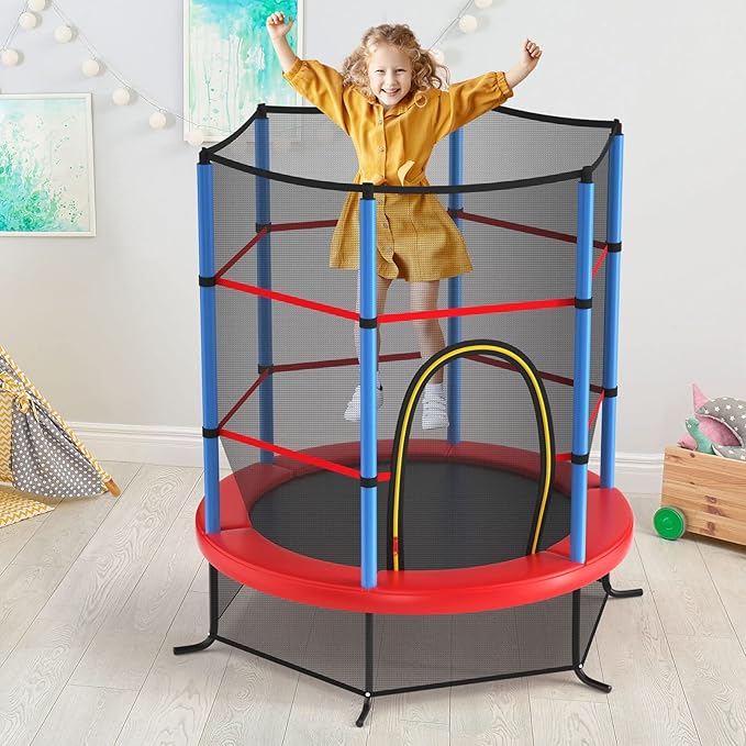 GYMAX Toddler Trampoline, 55” Trampoline for Kids with Bottom-to-Top All-Round Enclosure Net & Seamless Jumping Mat, ASTM Approved Easy Assembly Kids Mini Trampolines Indoor/Outdoor