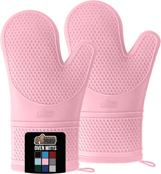 GORILLA GRIP BPA-Free Soft Silicone Oven Mitts, Heat Resistant and Waterproof Cooking Gloves, Thick Cotton Lining, Flexible Gripping for Baking Grilling, Kitchen Potholders Set of 2, 12.5x8.3, Pink