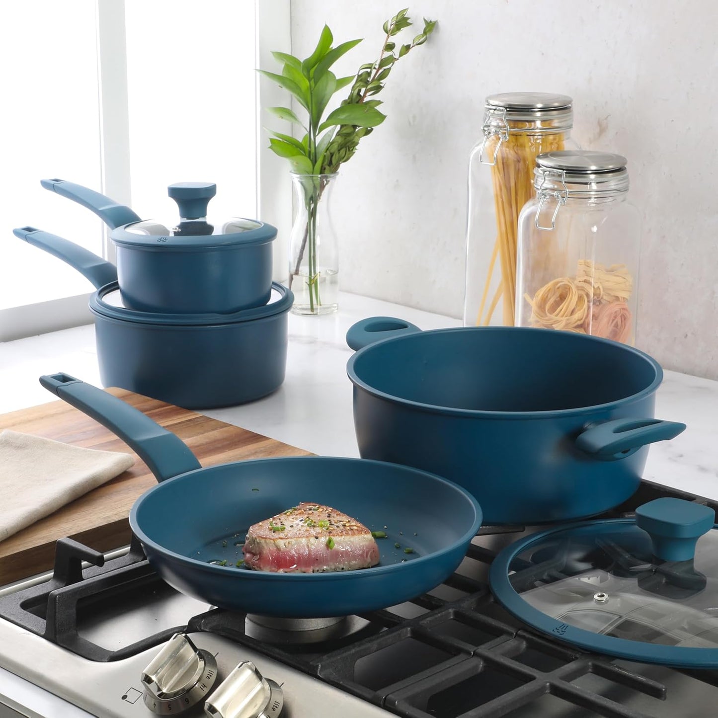 Gibson Home Helensburgh 7-Piece PFA-Free Ceramic Nonstick Carbon Steel Cookware Set – Blue Pots and Pans with Glass Lids, Saucepan, Dutch Oven, Fry Pan