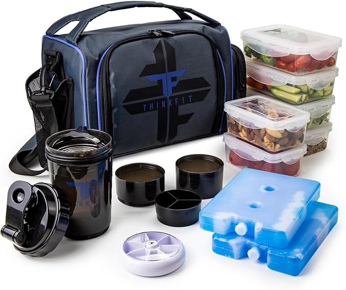 ThinkFit Insulated Lunch Box with 6 Portion Control Containers, Pill Dispenser, Shaker Cup & Ice Packs - BPA-Free, Reusable, Microwavable, Freezer Safe - Blue