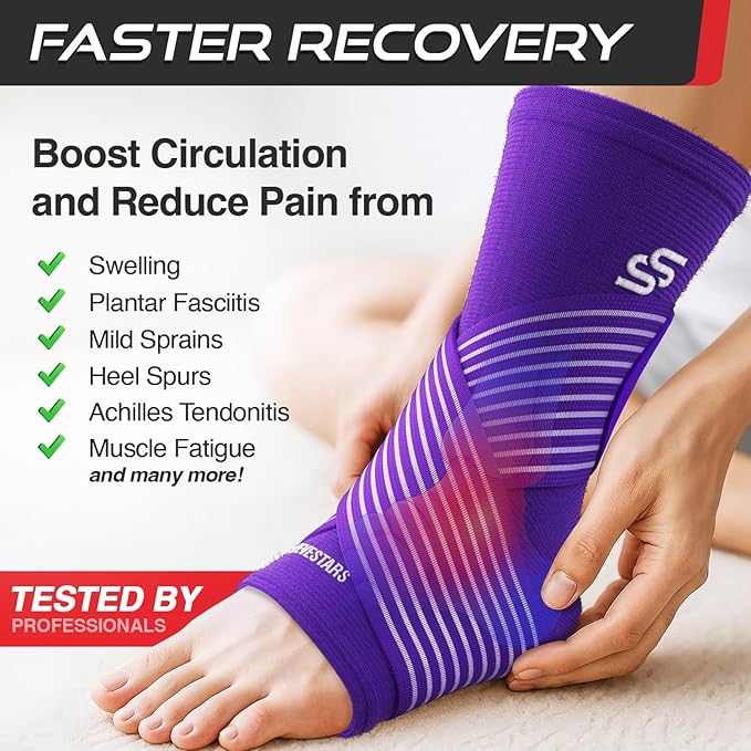 Sleeve Stars Ankle Brace for Women & Men, Ankle Wrap for Sprain, Compression Sleeve for Plantar Fasciitis Relief, Easy Customizable Support: w/ Removable Strap (Single/M:10"-12"/Dark Purple)