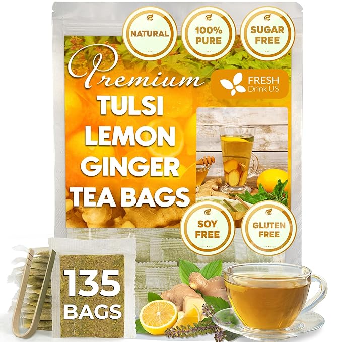 FreshDrinkUS, Premium 135 Tulsi Lemon Ginger Tea Bags, 100% Natural & Pure from Tulsi Holy Basil Leaves, Lemon and Ginger. Made with Natural Material Tea Bags. No Sugar, No Caffeine, Vegan.