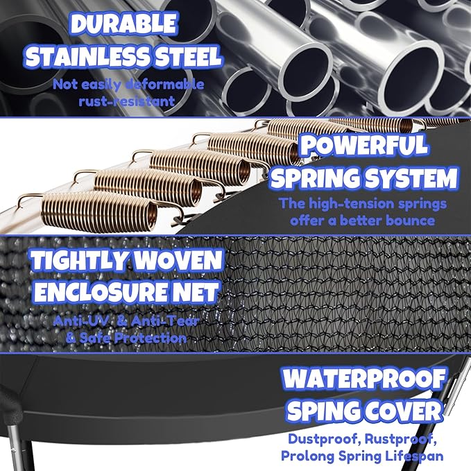 Trampoline 8FT 10FT 12FT 14FT 16FT, Outdoor Trampolines for Kids and Adults, Recreational Trampoline with Enclosure Net & Ladder, Round Trampoline ASTM Approved, 400/450LBS Weight Capacity