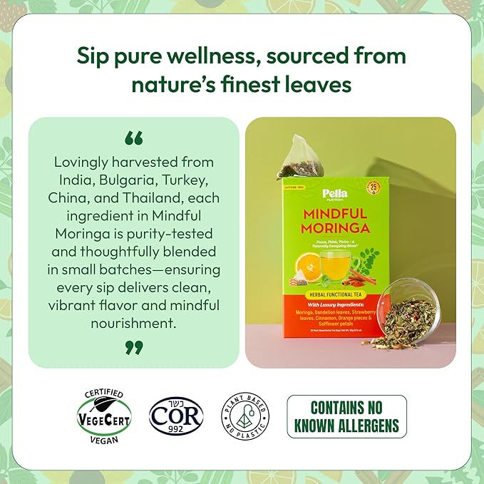 Moringa and Dandelion Tea – With Orange, Cinnamon, Strawberry, and Safflower Petals – Gluten-Free, Vegan, Kosher – Caffeine-Free, Healthy Energy Drink – Herbal Blend for Focus & Wellness (25 Tea Bags)