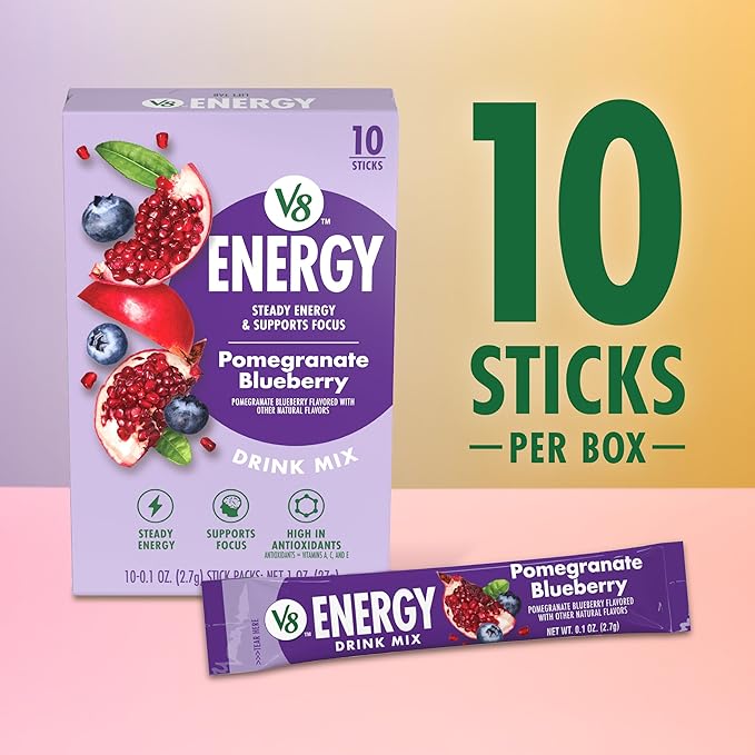 Bundle of V8 Energy Strawberry Lemonade, Peach Mango, & Pomegranate Blueberry Energy Drink Powder, .10 oz Packet (30 Count)